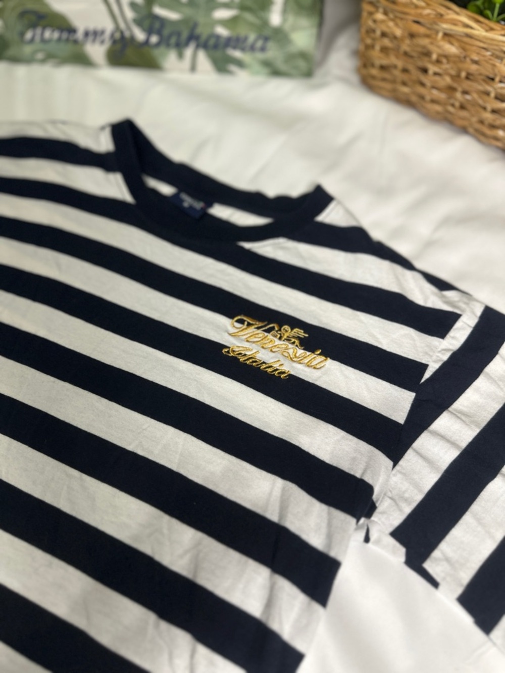 Vintage Venezia Italian Navy & White Striped Tee with Gold Logo. Size M